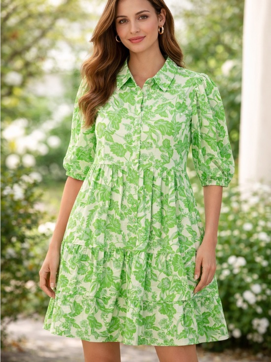 Olivaceous Dresses & Skirts - Olivaceous Womens Green Leaf Cotton Tiered Mini Dress Medium
